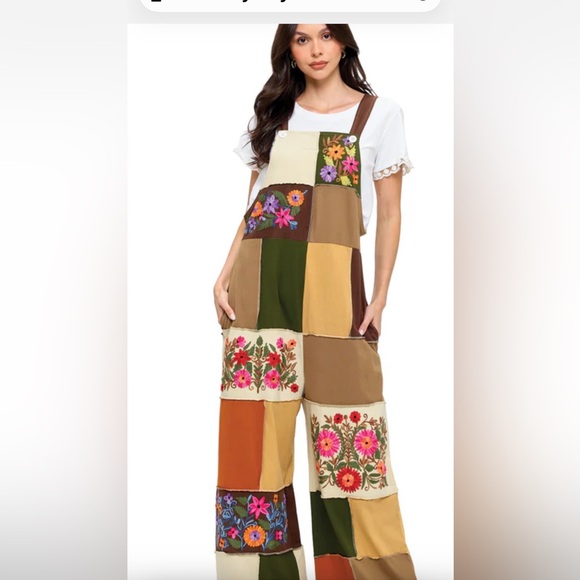 Yak & Yeti Pants - Yak & Yeti 26309 Boho Multi-Color Floral Embroidered Patchwork Overall
